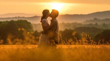 AI Generative Young couple kissing on the background of a sunset in the wheat field photo