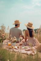 ai generativo joven Pareja de turista haciendo picnic en el colina amantes en un fecha al aire libre foto