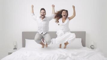 AI Generative Young couple lying in bed having fun laughing while tickling together People in love smiling at home in the bedroom photo