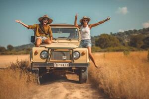 AI Generative Young couple on a off road adventure excursion outside  Joyful tourists enjoying weekend activity on summer vacation  Tourism tour activities transportation and summertime holidays photo