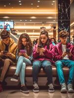 AI Generative Young friends group watching smart mobile phones  Millennials students using cellphones device sitting outside college campus  Teenagers on social media  Technology education and l photo