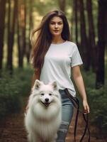 AI Generative Young girl running with her dog Puppy white dog is running with its owner Concept about friendship animal and freedom photo