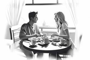 ai generativo joven contento Pareja sentado por mesa teniendo desayuno juntos a Mañana atención en el mano foto