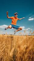 ai generativo joven contento hombre saltando en un trigo campo éxito y felicidad concepto foto