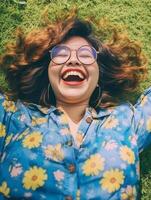 AI Generative Young happy girl taking a selfie lying on the grass photo