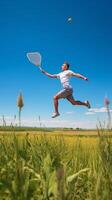 ai generativo joven contento hombre saltando en un trigo campo éxito y felicidad concepto foto