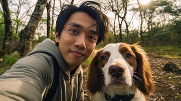 AI Generative Young happy man taking selfie with his dog in a park  Smiling guy and puppy having fun together outdoor  Friendship and love between humans and animals concept photo