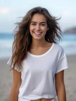 AI Generative Young joyful woman in white shirt smiling at camera on the beach  Traveler girl enjoying freedom outdoors on a sunny day  Wellbeing healthy lifestyle and happy people concept photo