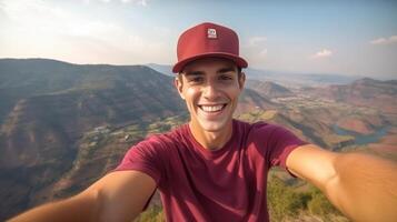 AI Generative Young hiker man taking selfie portrait on the top of mountain  Happy guy smiling at camera  Hiking sport travel and technology concept photo