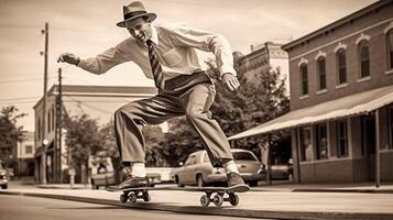 ai generativo joven hombre montando en un patinar en el ciudad calle Clásico estilo foto