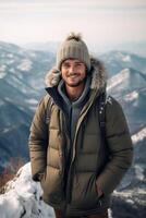 AI Generative Young man wearing winter clothes taking selfie picture in winter snow mountain  Happy guy with backpack hiking outside  Recreation sport and people concept photo