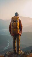 ai generativo joven hombre con mochila en pie en el parte superior de un montaña a puesta de sol metas y logros foto