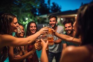 ai generativo joven multirracial amigos tostado cerveza a parilla jardín fiesta joven alegre personas aplausos con cócteles en verano hora foto