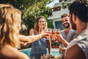 AI Generative Young multiracial friends toasting beer at barbecue garden party  Young cheerful people cheering with cocktails on summer time photo