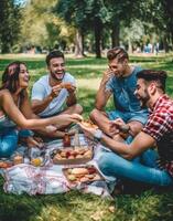 AI Generative Young people eating healthy food at bio organic restaurant  Happy friends having picnic garden party  Happiness and friendship concept photo