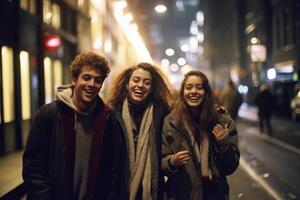AI Generative Young people wearing winter clothes having fun on city street  Group of happy friends socializing talking and laughing together  Youth lifestyle concept with guys and girls enjoyin photo