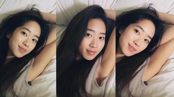 AI Generative Young smiling pretty lady taking selfie picture lying on bed  Beautiful woman sleeping in bedroom  Life style and health care concept photo