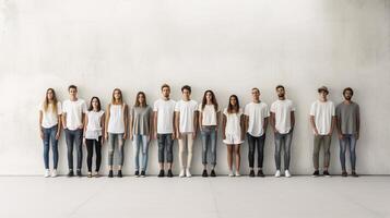 AI Generative Young students with face mask in casual clothes standing in front of a grey wall background  New normal concept with people going to school photo