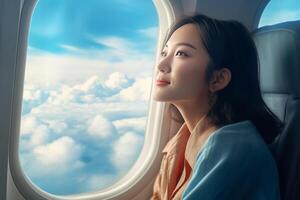 AI Generative Young woman airplane passenger looking the sky from cabin window  Female tourist enjoying flight trip  Vacations and transportation concept photo