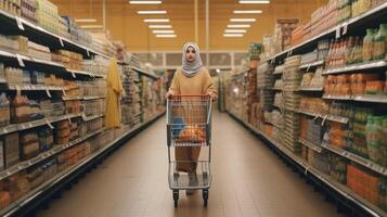 AI Generative Young woman covered by facemask walking through grocery store during COVID19 pandemic photo