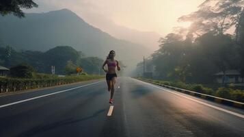 AI Generative Young woman runner running on the road at morning photo