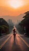 AI Generative Young woman runner running on the road at morning photo