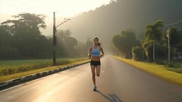 AI Generative Young woman runner running on the road at morning photo