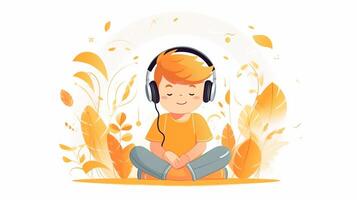 AI Generative boy is listening music with his headphones photo