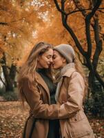 ai generativo Pareja de muchachas abrazo simpático a el parque naturaleza estilo de vida y personas concepto foto