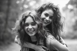 AI Generative couple of girls embrace friendly to the park  nature lifestyle and people concept photo