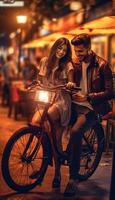 ai generativo Pareja de joven personas son montando en el bicicleta en el ciudad centrar estilo de vida concepto foto