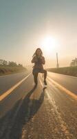 AI Generative girl hitchhiking on his journey  person holiday and lifestyle concept photo