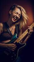 AI Generative girl laughing with her ukulele in hand  music people and lifestyle concept photo