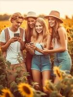 AI Generative girls have a selfie outdoors  people technology and lifestyle concept photo