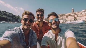 AI Generative group of guys get a selfie on vacation  lifestyle concept photo