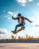 ai generativo chico lo hace algunos truco con su patineta pasatiempo y estilo de vida concepto foto