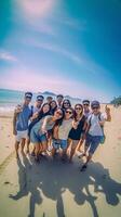 AI Generative group of friends take a selfie at the beach  people lifestyle and technology concept photo