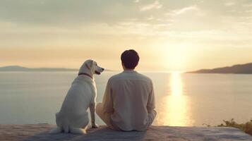 ai generativo amoroso Pareja jugando con su perro a mar caucásico personas personas animal y Lifestle concepto foto