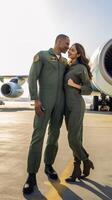 AI Generative loving couple are ready to go for their vacation they greet the pilot  transportation and holiday concept photo