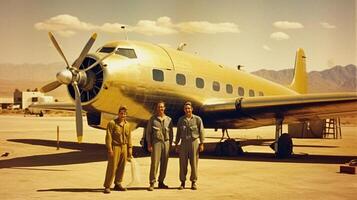 AI Generative pair of desperate tourists for the fault to their private plane while the mechanic tries to fix it photo