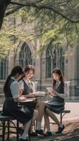 ai generativo Tres estudiantes son estudiando sentado a el parque personas estilo de vida y naturaleza concepto foto