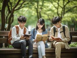 ai generativo Tres estudiantes son estudiando a el parque brasileño caucásico y asiático personas Universidad colegio personas y estilo de vida concepto foto