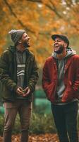 AI Generative two friends laughing together walking in the park  people nature and lifestyle concept photo