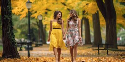 AI Generative two girls walking together in the park closeup on the feet  people lifestyle and nature concept photo