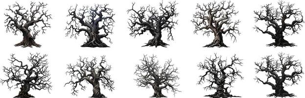 colección de arboles concepto dibujos animados árbol en diferente. Víspera de Todos los Santos elementos colocar. clipart ilustración aislado en blanco antecedentes. vector