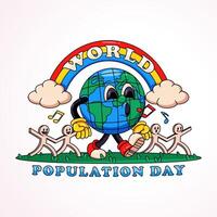 World population day, the earth walks happily holding a paper man, perfect for logos, t-shirts, stickers and posters vector
