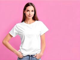 joven mujer vistiendo blanco blanco camiseta Bosquejo impresión presentación Bosquejo, ai generado foto