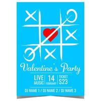 Valentine's Day party invitation template with Tic-tac-toe game and heart in the background. Vector banner or poster for Feast of Saint Valentine to celebrate a romantic event with your loved one.