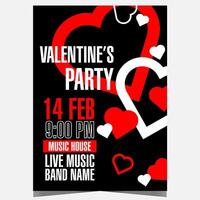 Valentine's Day romantic party poster with red and white hearts on black background. Vector banner, booklet or flyer for invitation to celebrate the Feast of Saint Valentine at disco dance club.