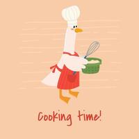 Cute goose in chef hat holding a whisk and bowl with dough.Cooking time.Used for greeting card, and poster design. vector